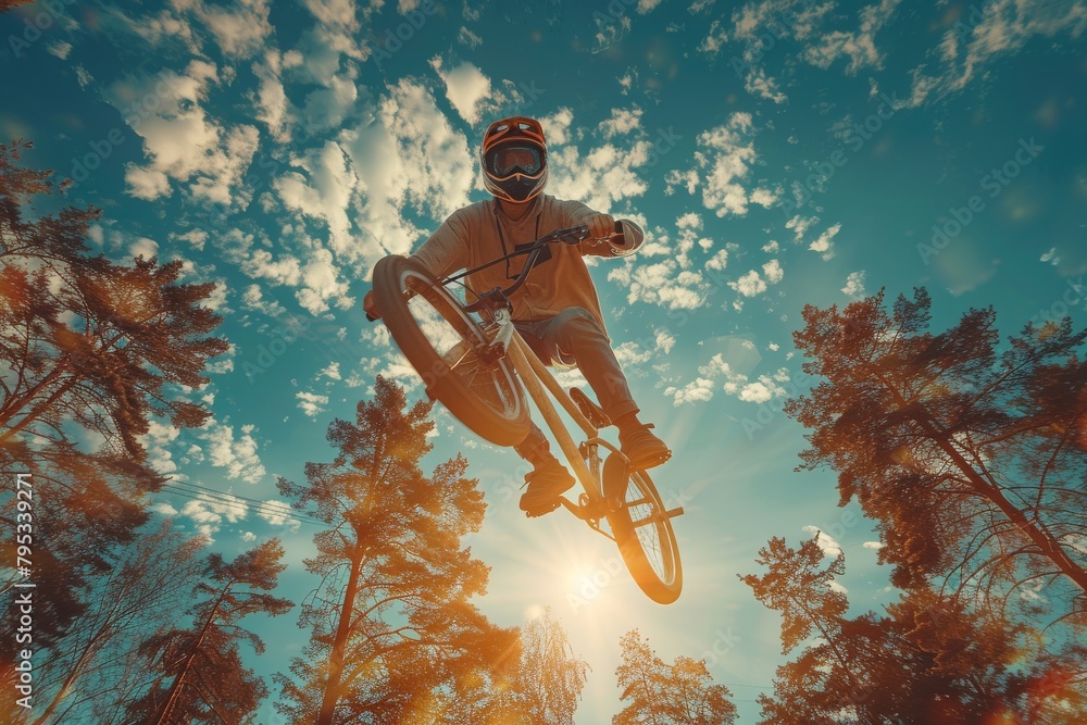 Fototapeta premium A BMX rider mid-air with a sunburst behind, set against a clear sky and surrounded by forest