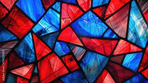 Stained glass style pattern with red and blue angular shapes