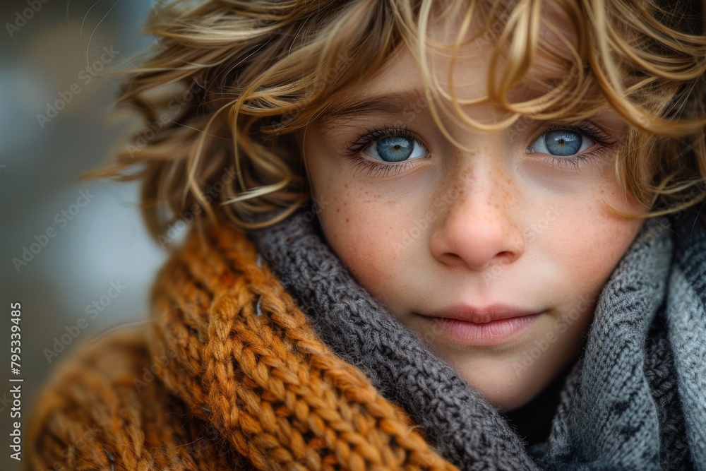 Expressive blue-eyed, curly-haired child looking thoughtful while bundled up in knit winter clothes Expressive blue-eyed, curly-haired child looking thoughtful while bundled up in knit winter clothes