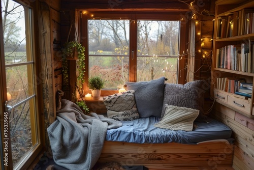 Cozy reading nook with soft blankets and cushions, providing a peaceful space for stress relief © Cloudyew