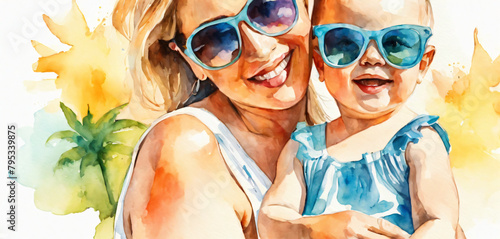Mother and little infant in baby boy first time on the sea beach on sunny summer day wearing tiny sunglasses watercolor art style.