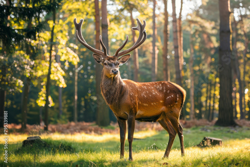 A majestic stag stands regally in a sun-dappled forest glade.
