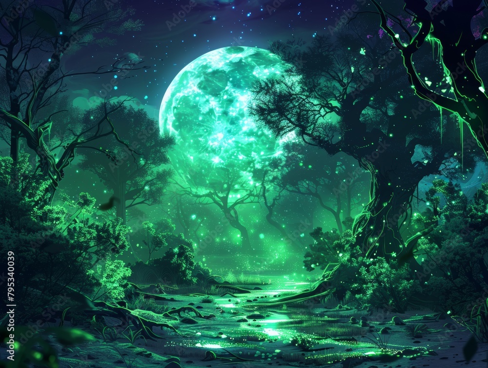 Radiant Green Moon over Enchanted Forest