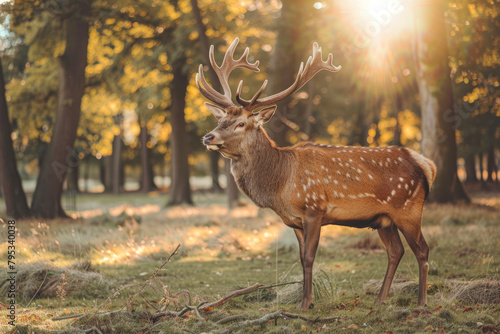 A majestic stag stands regally in a sun-dappled forest glade.