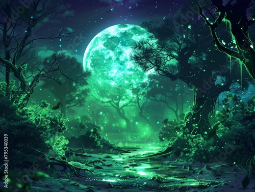 Radiant Green Moon over Enchanted Forest