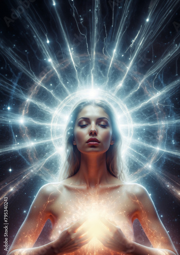 woman meditating with light on heart chakra anahata, spiritual concept of yoga and reiki, and relax, an aura of energy around her, a photorealistic illustration in digital art style