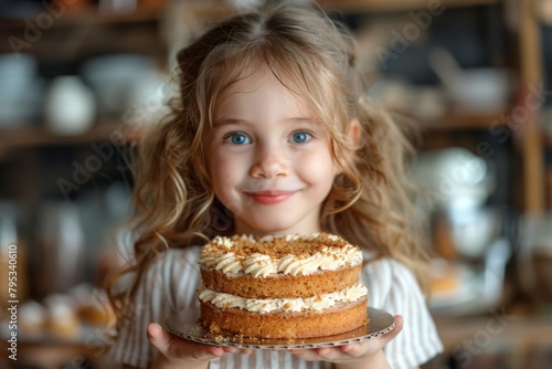 Cute little girl proudly presenting a tall layered cake  symbolizing achievement and delight