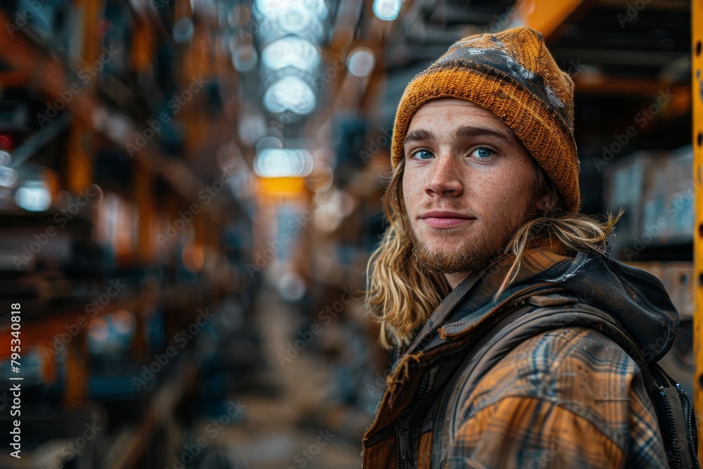 Handsome male worker with long hair and beanie in a warehouse, with blurred background Handsome male worker with long hair and beanie in a warehouse, with blurred background