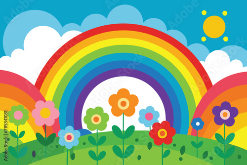 Colorful bright rainbow background with flowers field vector illustration