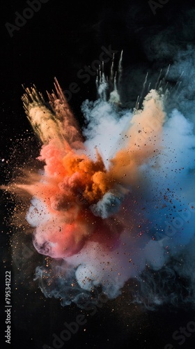 Vibrant explosion of multicolored particles and smoke against a stark black background  capturing the dynamic energy of impact.