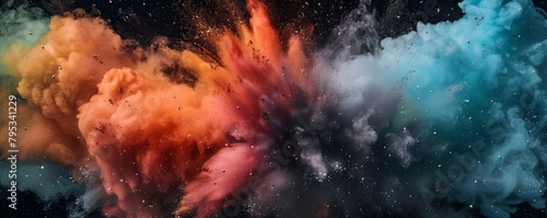 Vibrant explosion of multicolored particles and smoke against a stark black background, capturing the dynamic energy of impact.