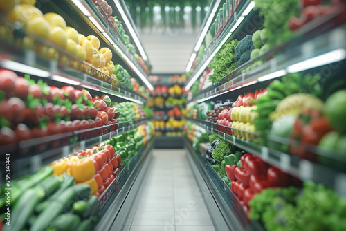 High-angle shot of a grocery store aisle with fresh produce and healthy options