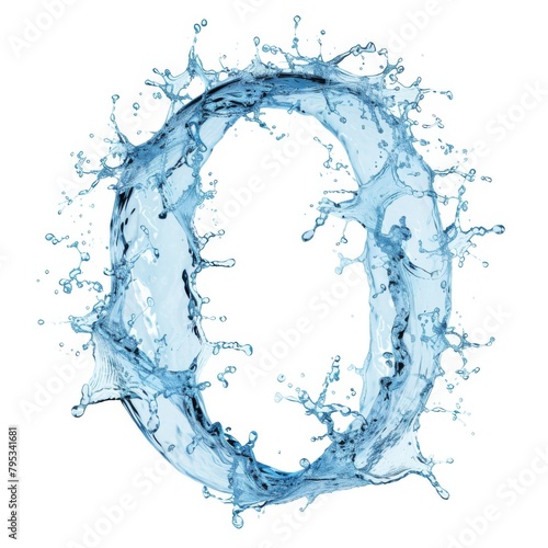 Stylized font, capital number 0, text made of water splashes. Blue water splash alphabet letter O isolated on white background.