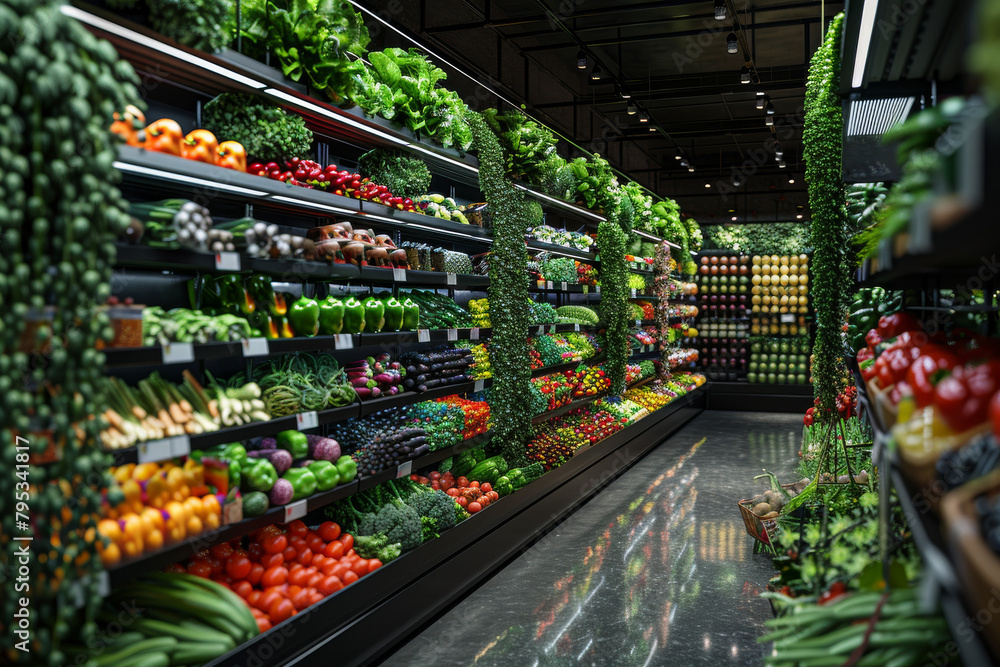 High-angle shot of a grocery store aisle with fresh produce and healthy options, promoting nutritious eating habits