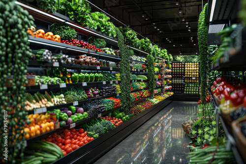 High-angle shot of a grocery store aisle with fresh produce and healthy options, promoting nutritious eating habits