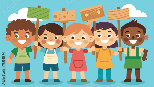 A group of kids beaming with joy as they show off their personalized wooden name signs at the Kids Carpentry Corner exhibit.