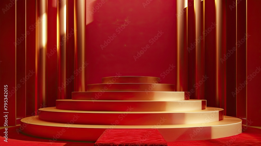 Golden podium at the end of a red carpet Golden podium at the end of a red carpet