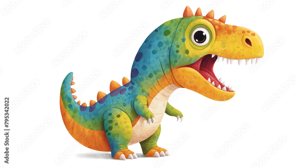 Obraz premium A cute and friendly watercolor illustration of a cartoon dinosaur roaring, with bright colors and a playful vibe