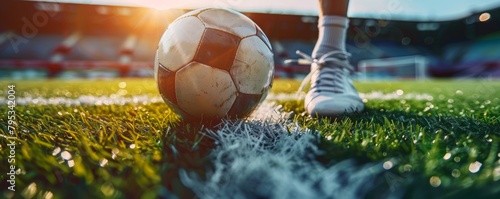 Soccer player's feet stepping on a soccer ball for kick-off in the stadium.