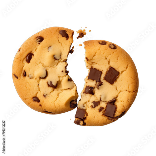 A freshly baked chocolate chip cookie and two halves of another on white background photo