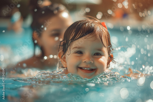 A woman is holding a baby in a pool. The baby is smiling and enjoying the water. Scene is happy and joyful © ekhtiar