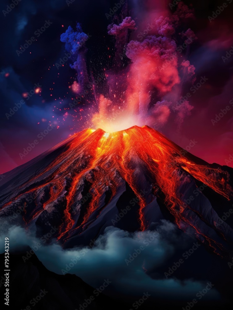 Dramatic image of a volcanic eruption at night, vibrant lava flowing down the mountain, illuminated against a dark sky, capturing the powerful force of nature