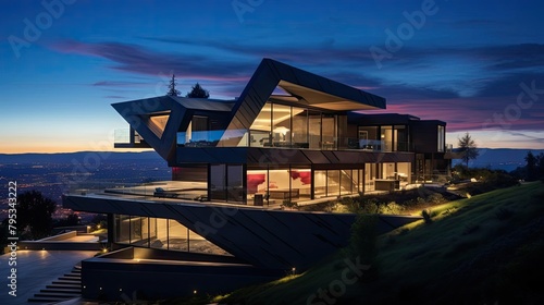 Dramatic view of an ultramodern home at twilight, featuring dynamic geometric shapes and ambient lighting, emphasizing cuttingedge residential architecture