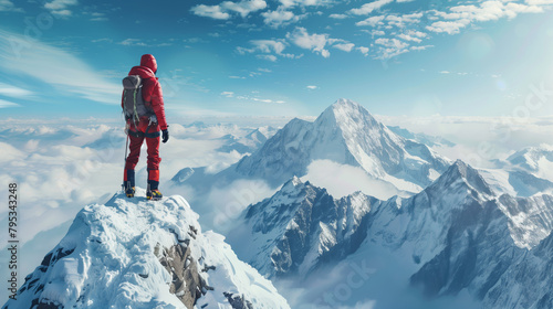 A mountaineer scaling a treacherous peak, defying danger and pushing their limits with bravery and determination to conquer the summit.