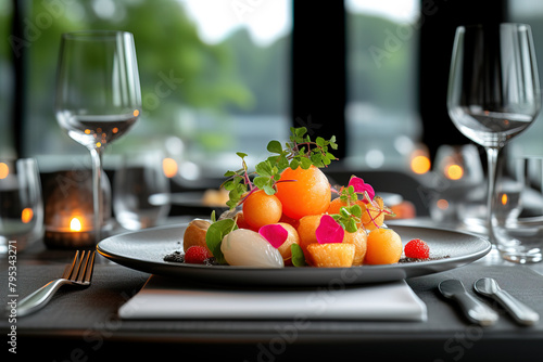 he image showcases a minimalist yet elegant presentation of cuisine  featuring a sleek black plate that contrasts beautifully with the vibrant colors of the food. The dish is artfully arranged  emphas