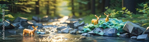 Serene image of a summer forest  with an origami paper animal delicately sipping water from a clear forest stream  embodying tranquility