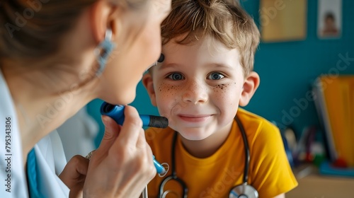 Friendly Pediatrician Performing a Vibrant Ear Examination on a Young Patient photo