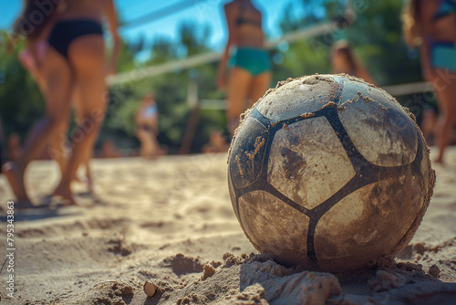 A volleyball is on the sand with a group of people in the background . Scene is relaxed and fun, as the people are likely playing a game of beach volleyball photo