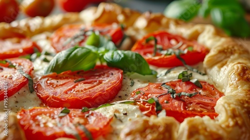 Mozzarella and Tomato Galette in a close-up studio setting, highlighting the interplay of fresh basil and tomatoes with studio lighting
