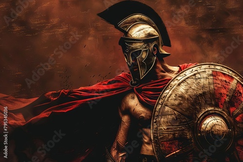 fierce spartan warrior in battle stance dramatic historical illustration photo
