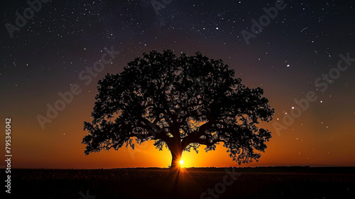 A silhouette of an oak tree against the backdrop of a night sky, with the sunset. 