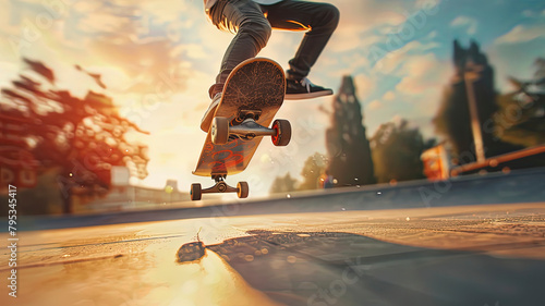 skateboarder doing skate tricks on the road, close up of skateboarder