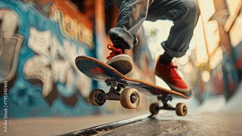 skateboarder doing skate tricks on the road, close up of skateboarder