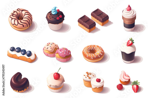 Set of sweet delicious cakes, donuts and cupcakes photo