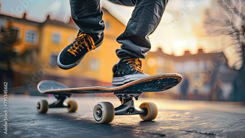 skateboarder doing skate tricks on the road, close up of skateboarder