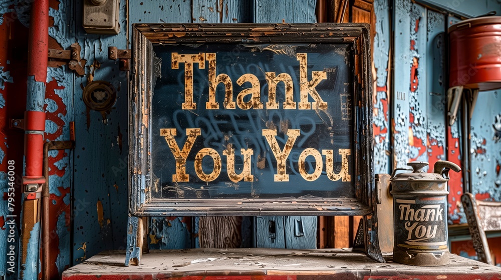 Rustic 'Thank You' sign exhibits aged beauty against peeling paint, conveying timeless appreciation