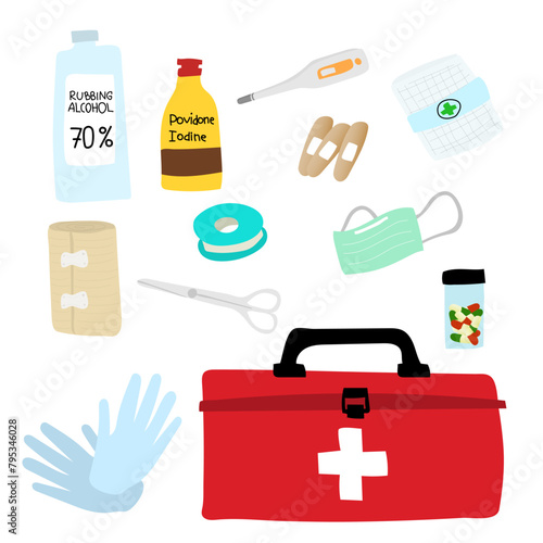 Set of First Aid Kit Illustration Vector. Health medical emergency at home. rubbing alcohol povidone iodine temperature checker gauze bandage plasters tape gloves pain killers medicine scissors mask