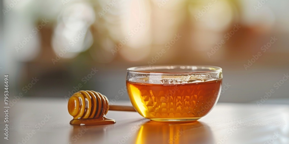 Glass bowl of honey with dipper, isolated on white. Glass bowl of honey with dipper, isolated on white.