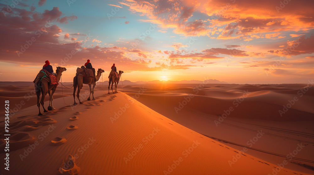 Adventurers riding camels across vast desert dunes, with the sun setting on the horizon, capturing the rugged beauty and vastness of desert landscapes.