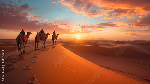 Adventurers riding camels across vast desert dunes, with the sun setting on the horizon, capturing the rugged beauty and vastness of desert landscapes.