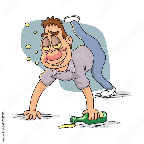 Drunk man with alcohol bottle. 
lobo, t shirt design, ceramic. poster, postcard, serviner, kid design, cartoon, vector, illustration.