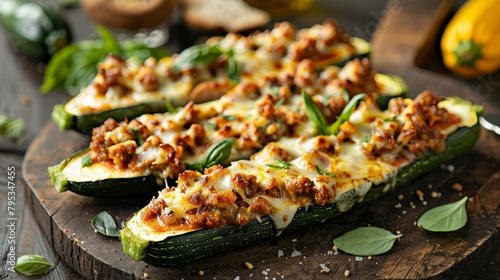Mouthwatering zucchini boats stuffed with mozzarella and Italian sausage, focused shot in a studio setting, emphasizing the texture and melted cheese