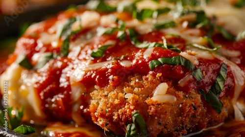 Luxurious close-up of Mozzarella-Stuffed Chicken Parmesan, perfectly breaded and fried, topped with rich marinara and cheese, under studio lights, isolated backdrop