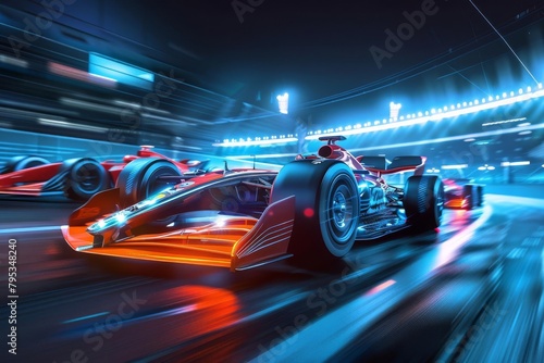 futuristic formula 1 race cars speeding on track digital illustration © furyon