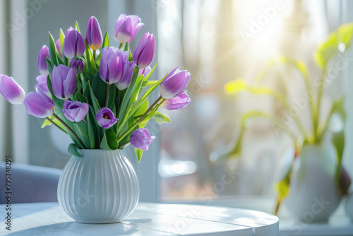 A bouquet of purple tulips in a white vase close-up on a table on a blurred background in a home sunny light interior with space for text. Banner. Greeting card with spring mood