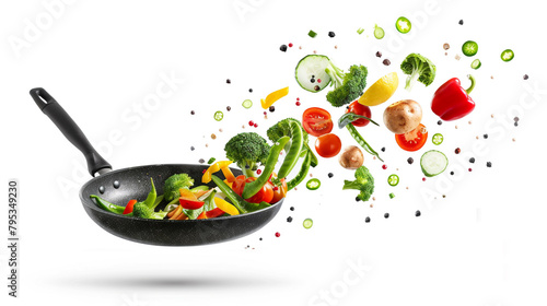 Vegetables flying out of the pan isolated on white background ,Generative ai